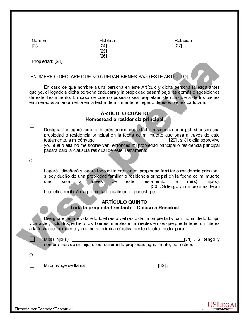 Preview Formulario de última voluntad y testamento legal para una persona casada con hijos adultos de un matrimonio anterior