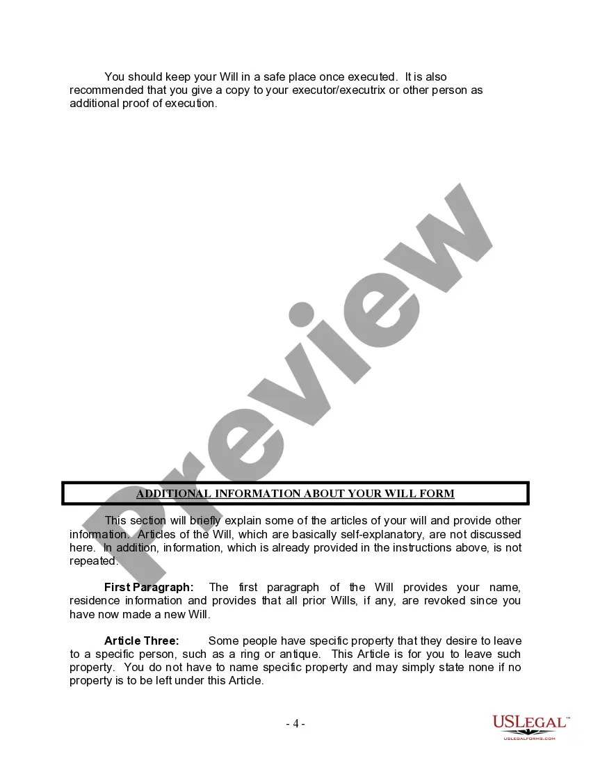 Preview Last Will and Testament for Divorced Person Not Remarried with No Children