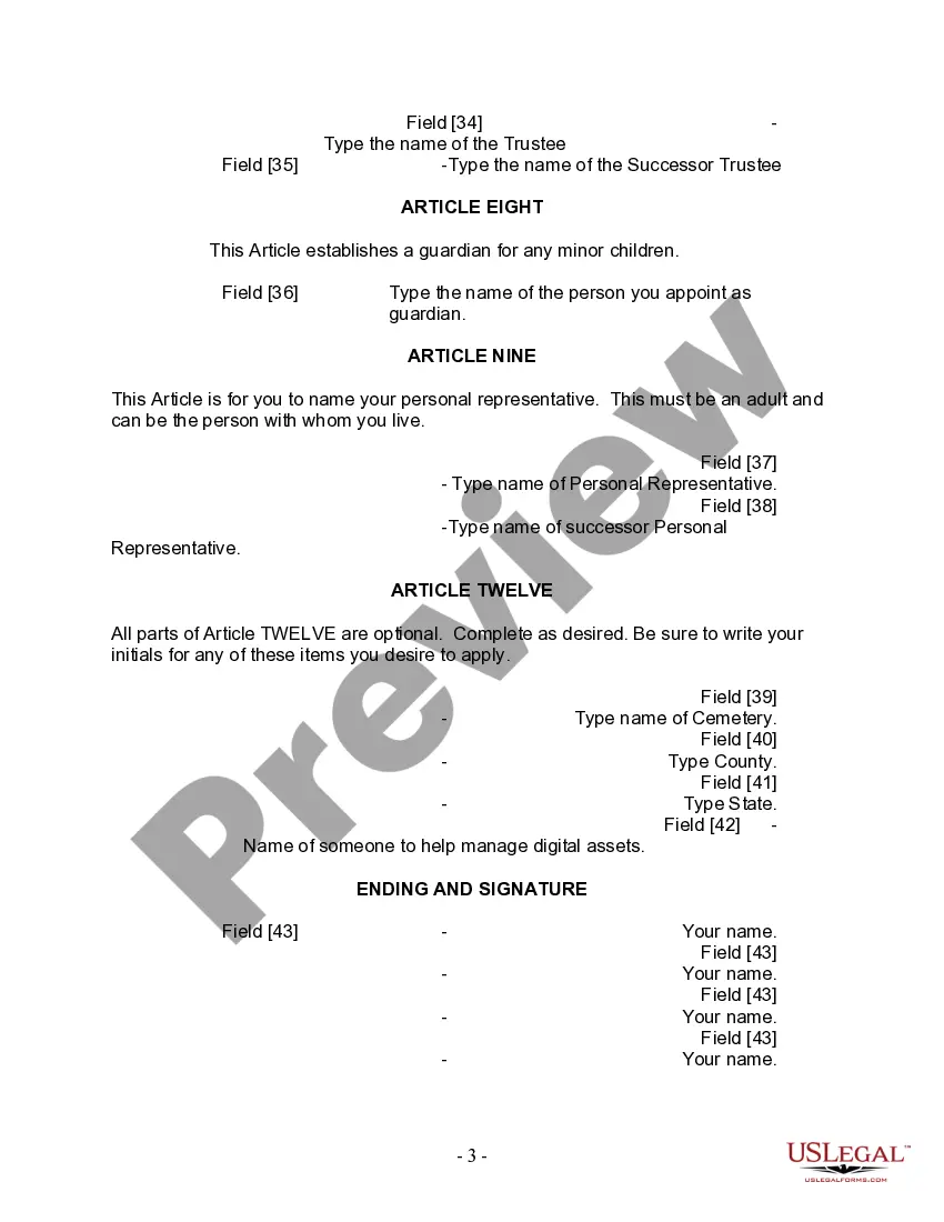 Preview Last Will and Testament for Divorced person not Remarried with Minor Children