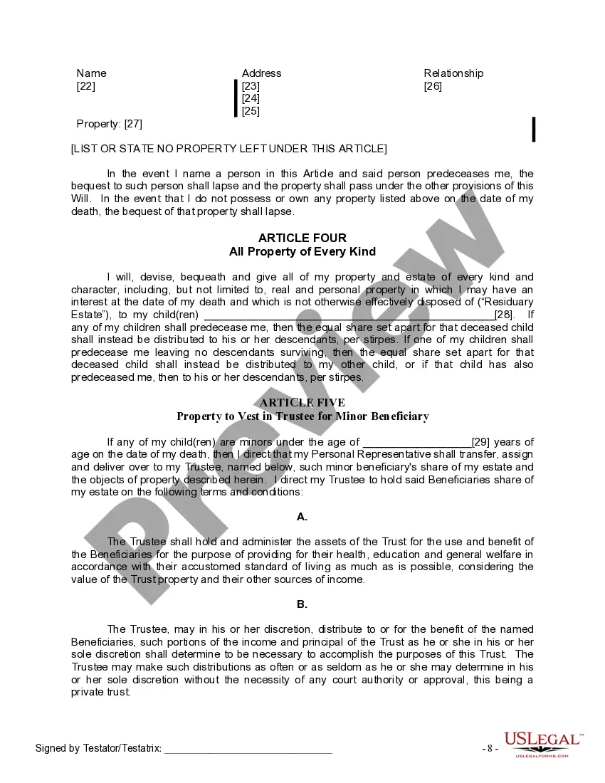 Preview Last Will and Testament for Divorced person not Remarried with Minor Children