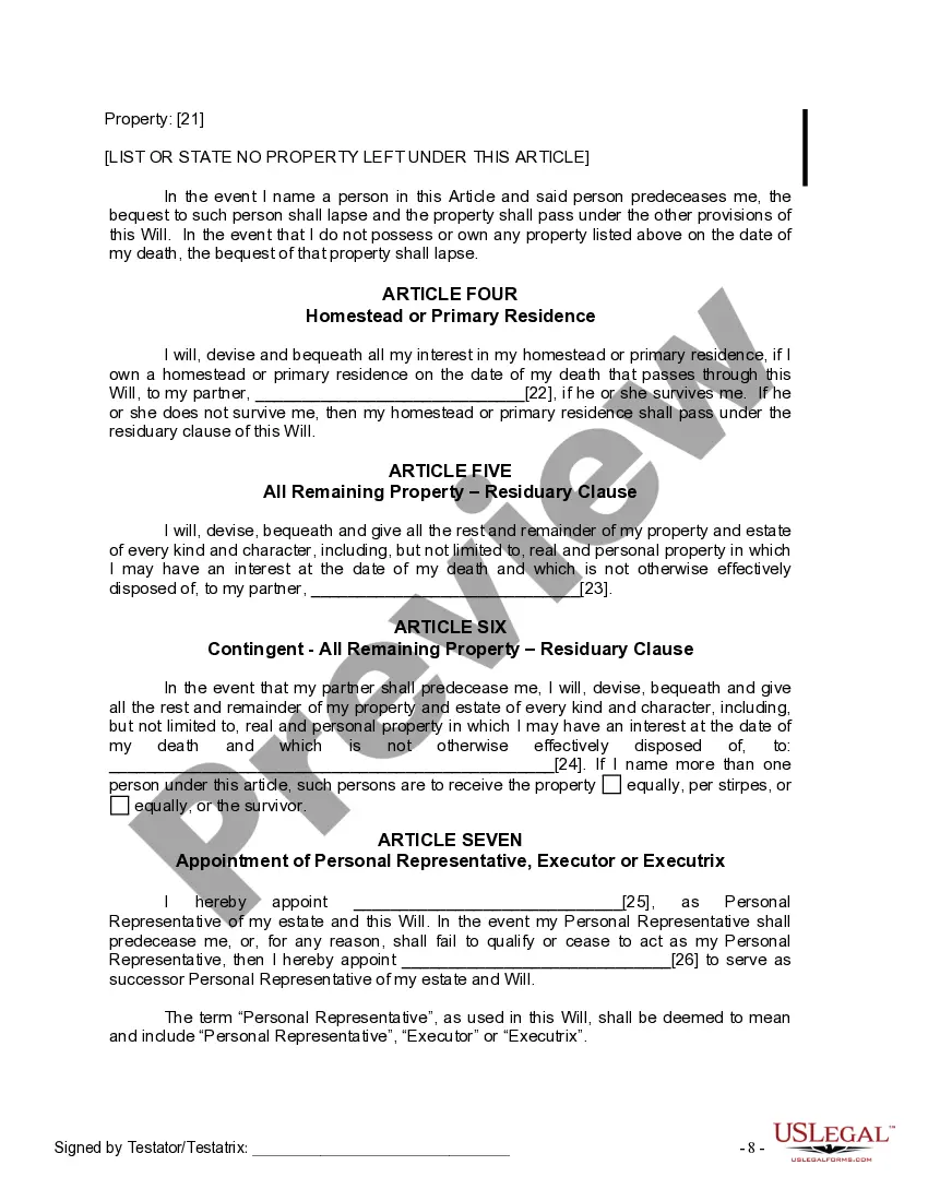 Get Last Will and Testament for a Domestic Partner with No Children Preview Last Will and Testament for a Domestic Partner with No Children