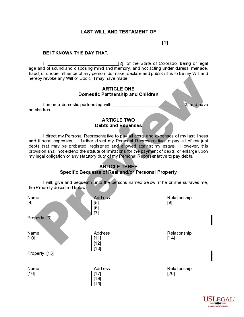 Get Last Will and Testament for a Domestic Partner with No Children Preview Last Will and Testament for a Domestic Partner with No Children