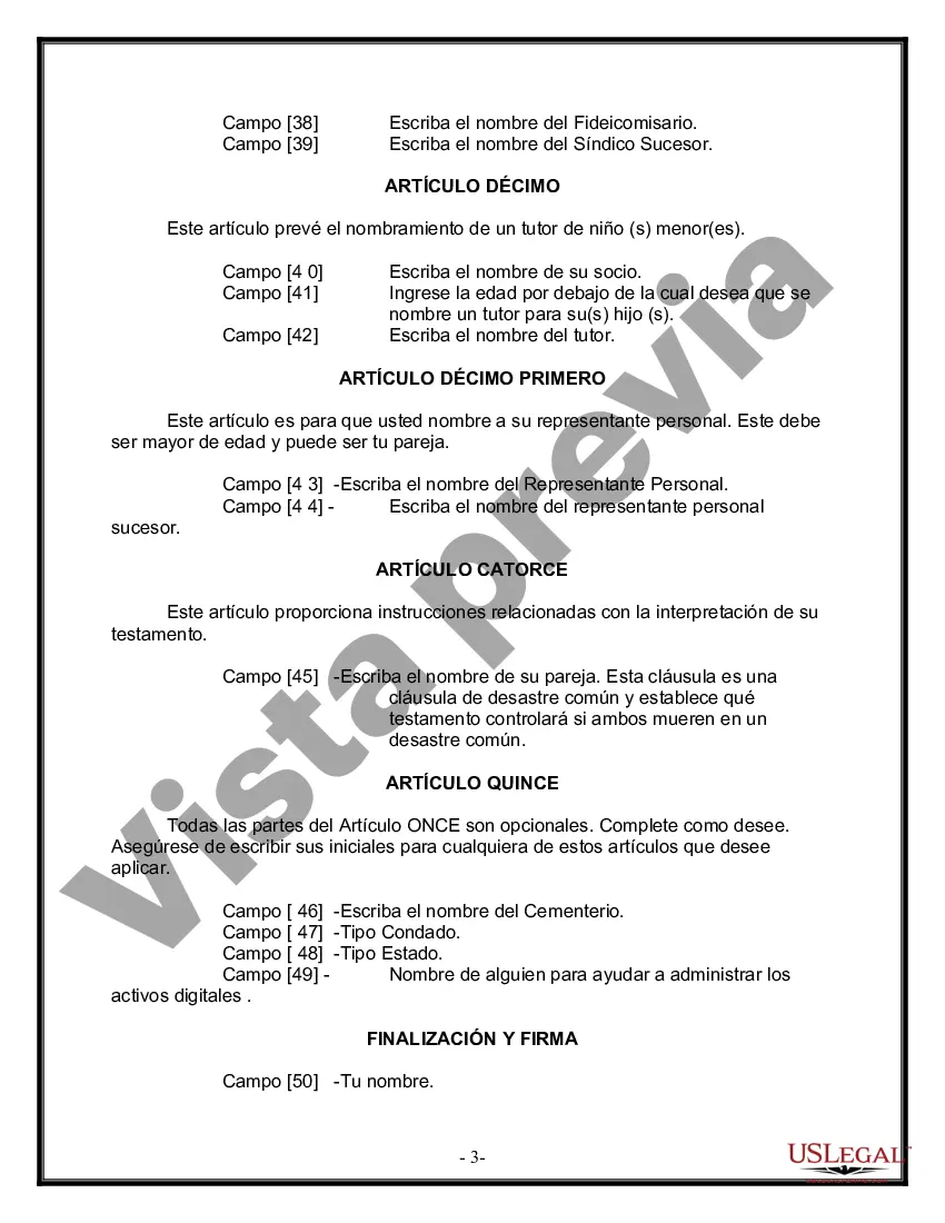 Preview Formulario de última voluntad y testamento legal para pareja de hecho con hijos menores