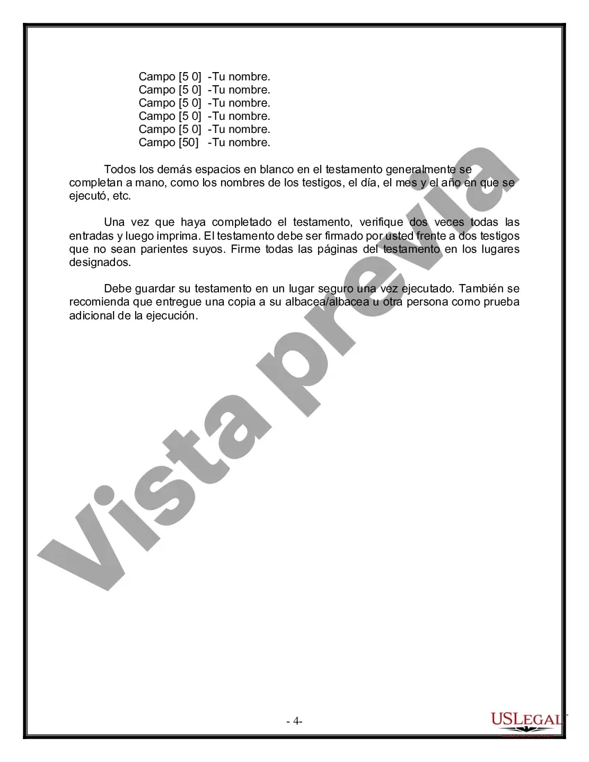 Preview Formulario de última voluntad y testamento legal para pareja de hecho con hijos menores