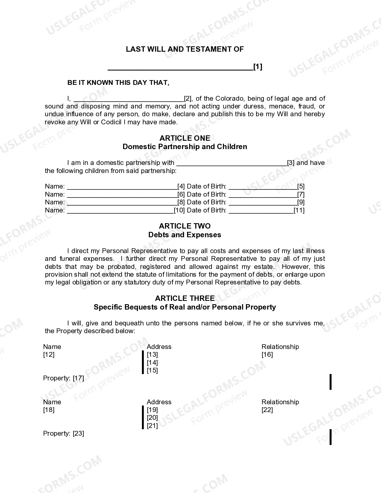 Preview Last Will and Testament for Domestic Partner with Minor Children