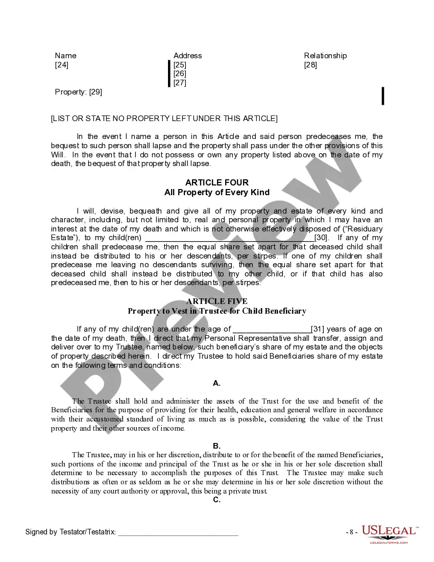 Preview Last Will and Testament for Divorced Person Not Remarried with Adult and Minor Children