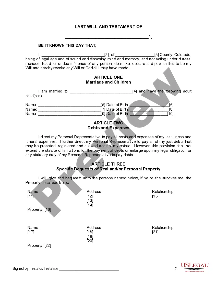 Preview Last Will and Testament for Married person with Adult Children