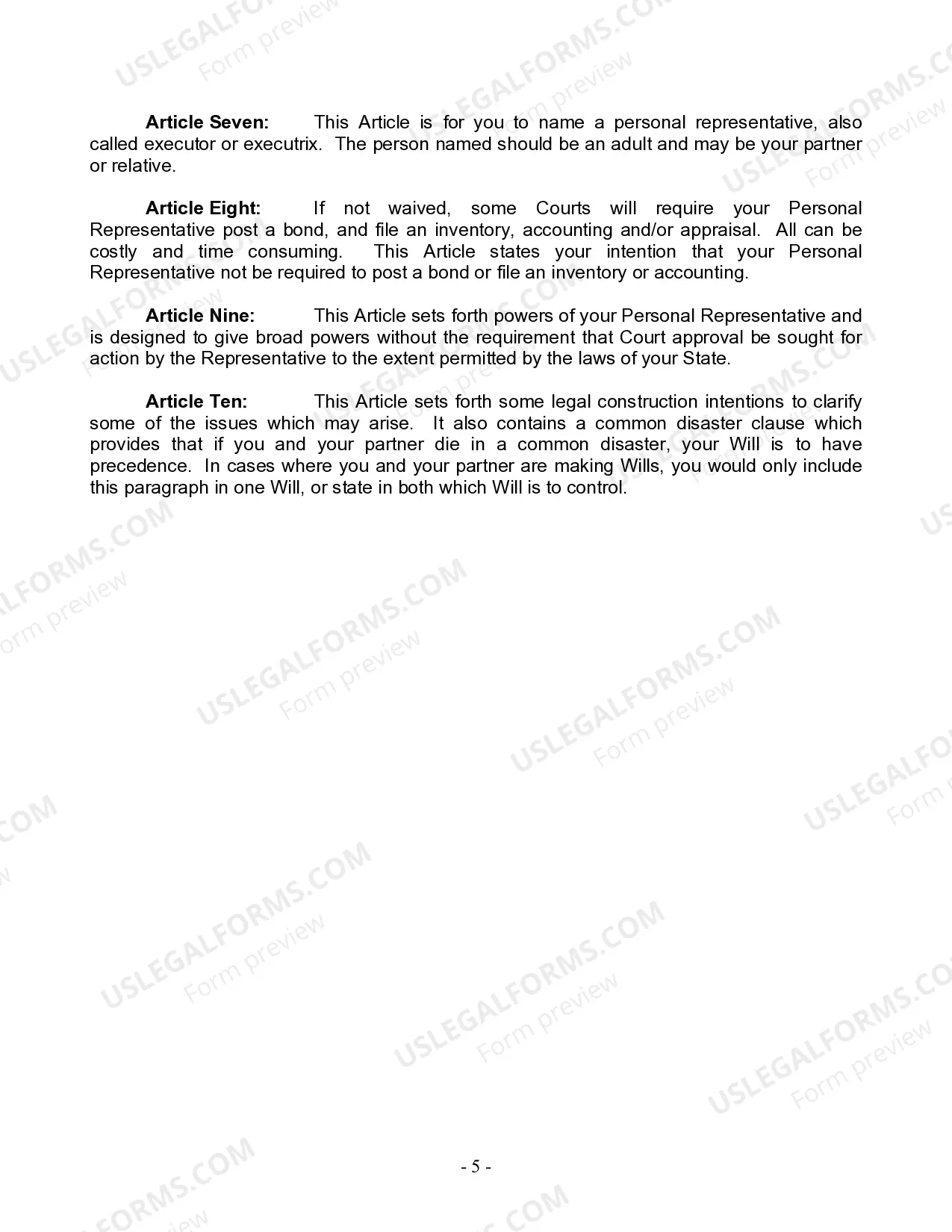 Preview Last Will and Testament for Civil Union Partner with Adult Children