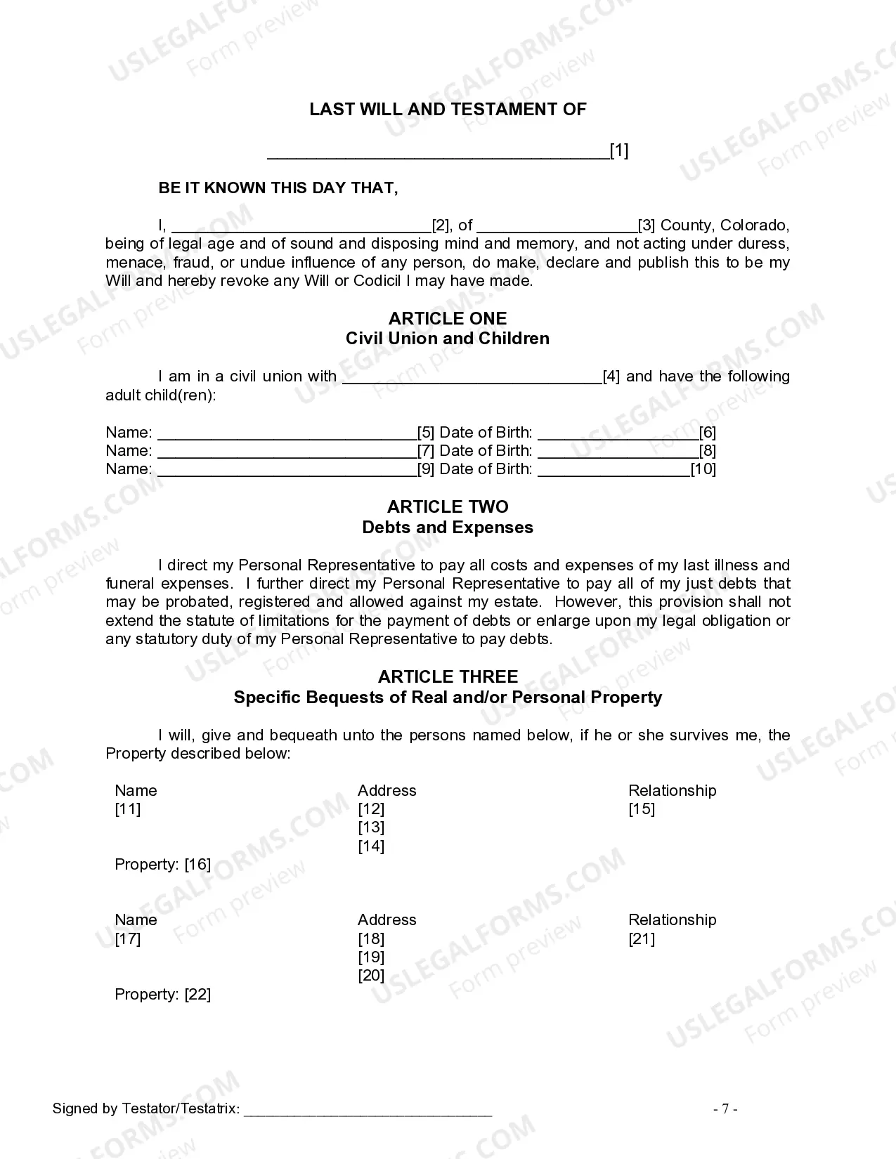 Preview Last Will and Testament for Civil Union Partner with Adult Children