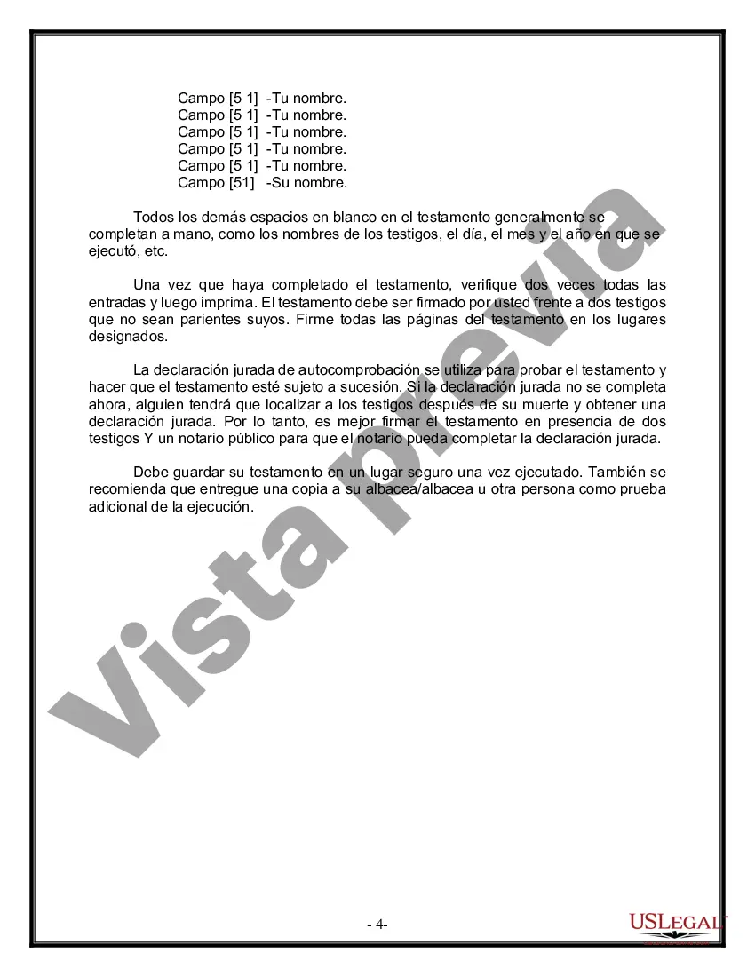 Preview Formulario Legal de Última Voluntad y Testamento para Pareja de Unión Civil con Hijos Menores