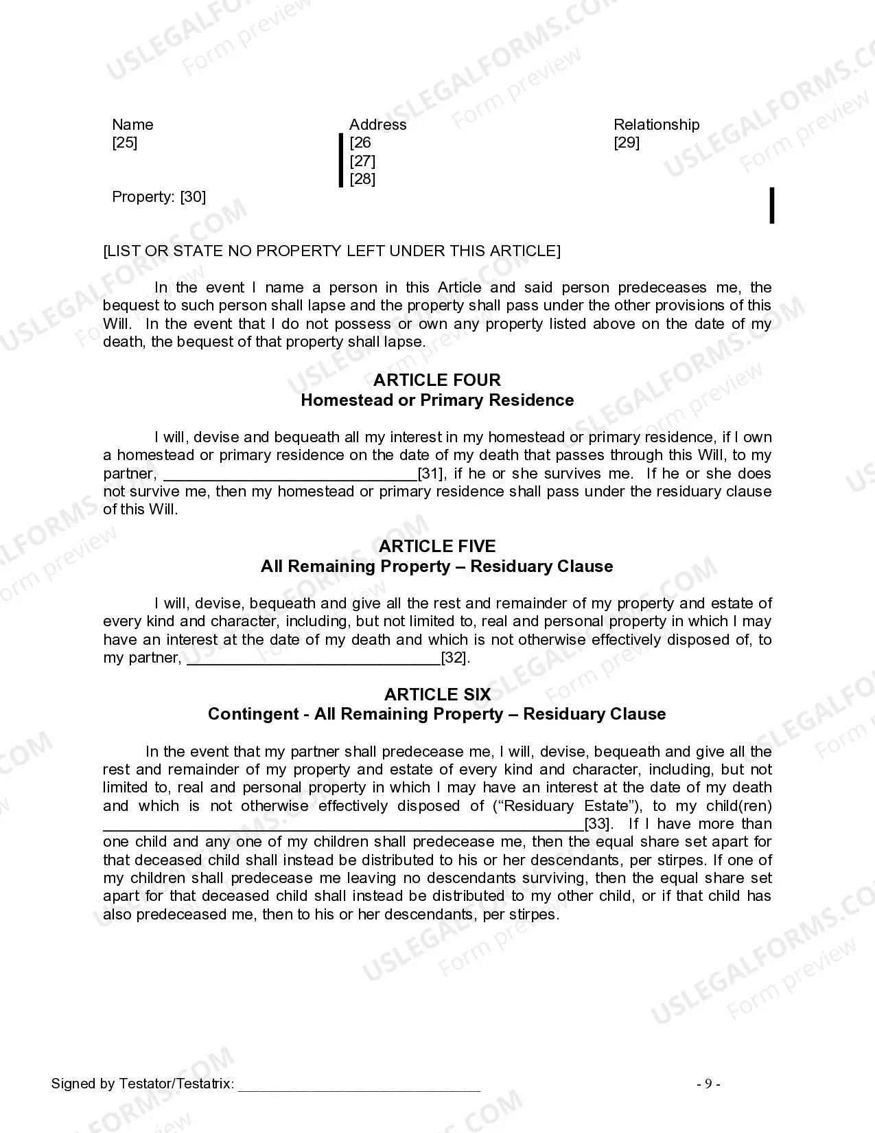 Preview Last Will and Testament for Civil Union Partner with Minor Children