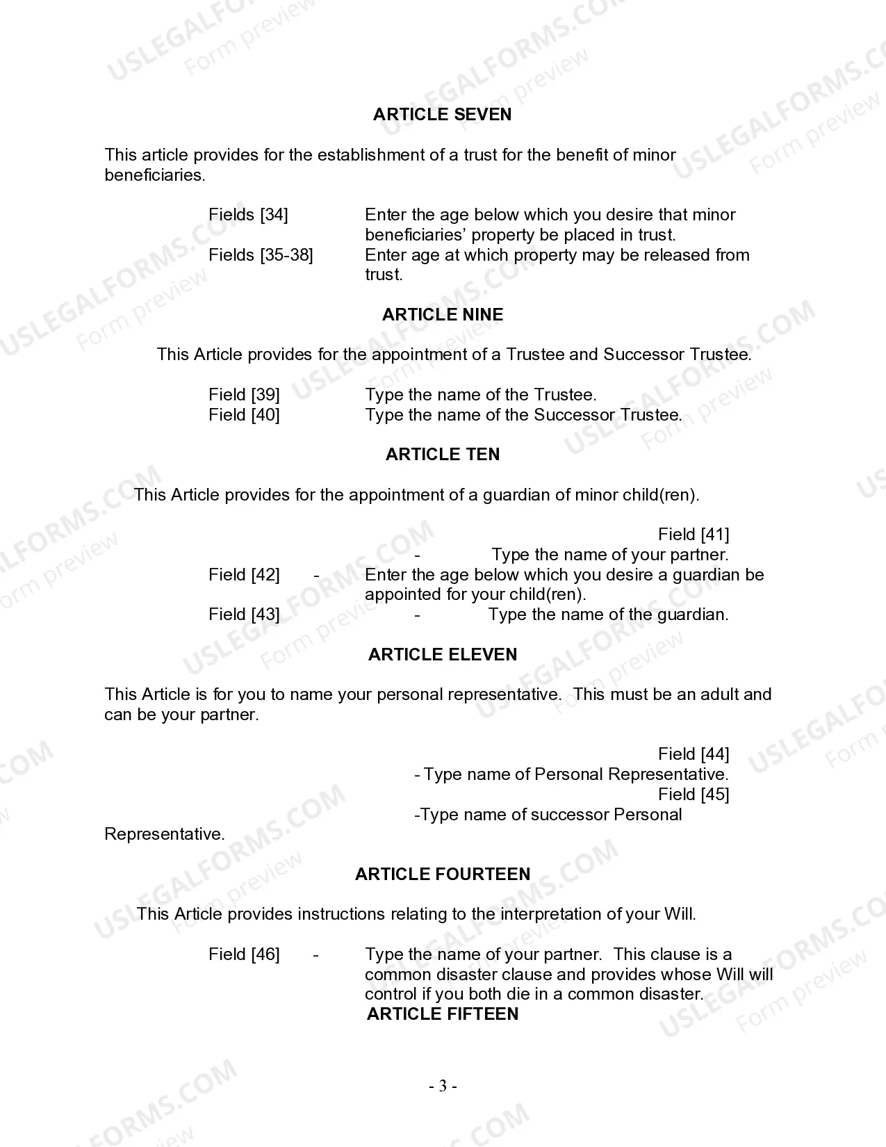 Preview Last Will and Testament for Civil Union Partner with Minor Children