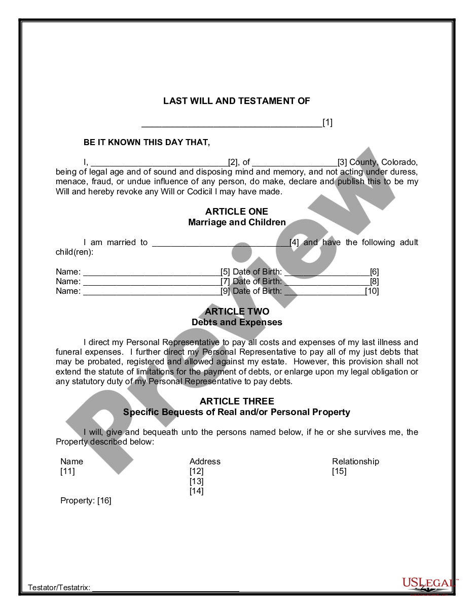 Colorado Mutual Wills Package With Last Wills And Testaments For Married Couple With Adult 8822