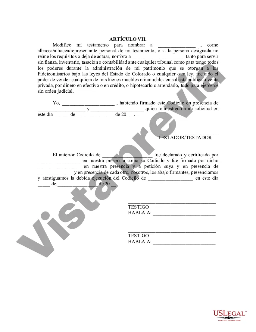 Get Codicilo de Colorado al formulario de testamento para enmendar su testamento - Cambios o enmiendas de testamento Preview Codicilo de Colorado al formulario de testamento para enmendar su testamento - Cambios o enmiendas de testamento