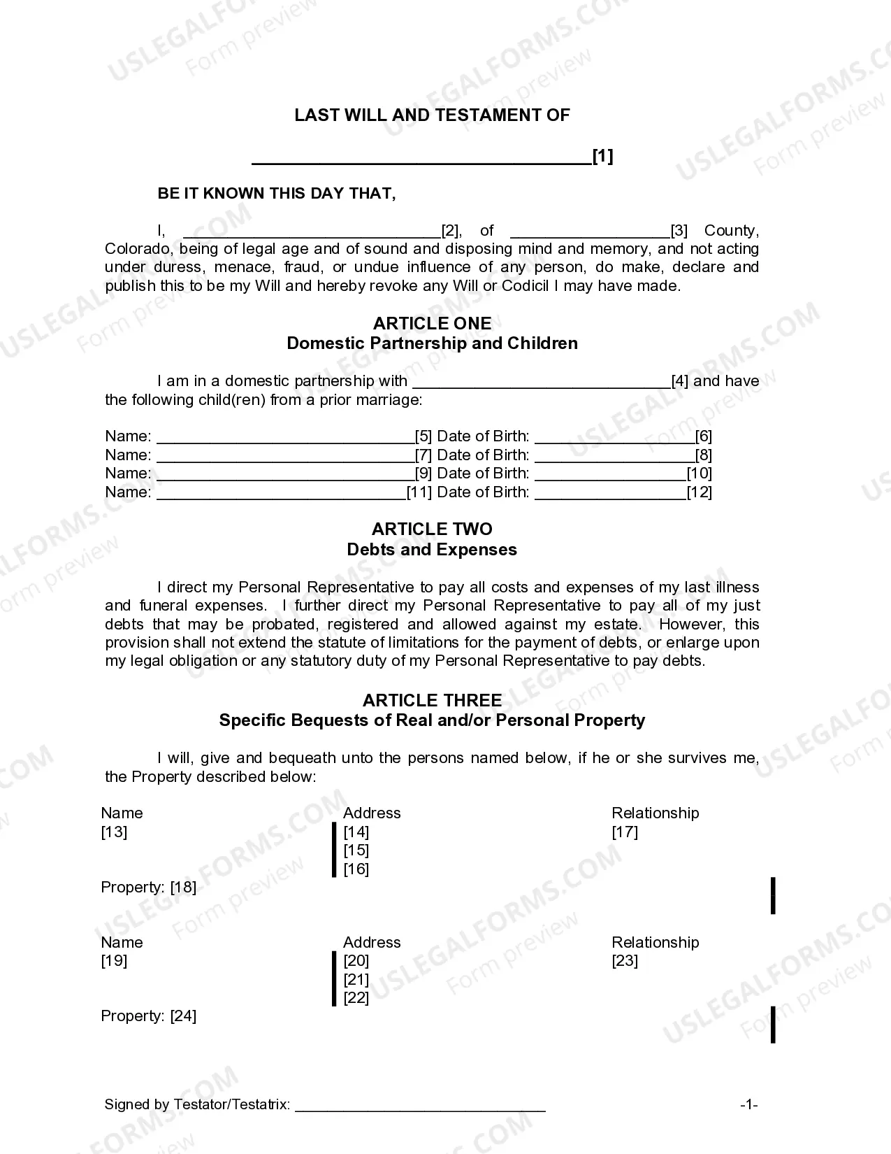 Preview Last Will and Testament for Domestic Partner with Adult and Minor Children from Prior Marriage