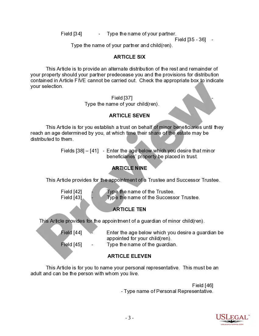 Preview Last Will and Testament for Civil Union Partner with Adult and Minor Children from Prior Marriage