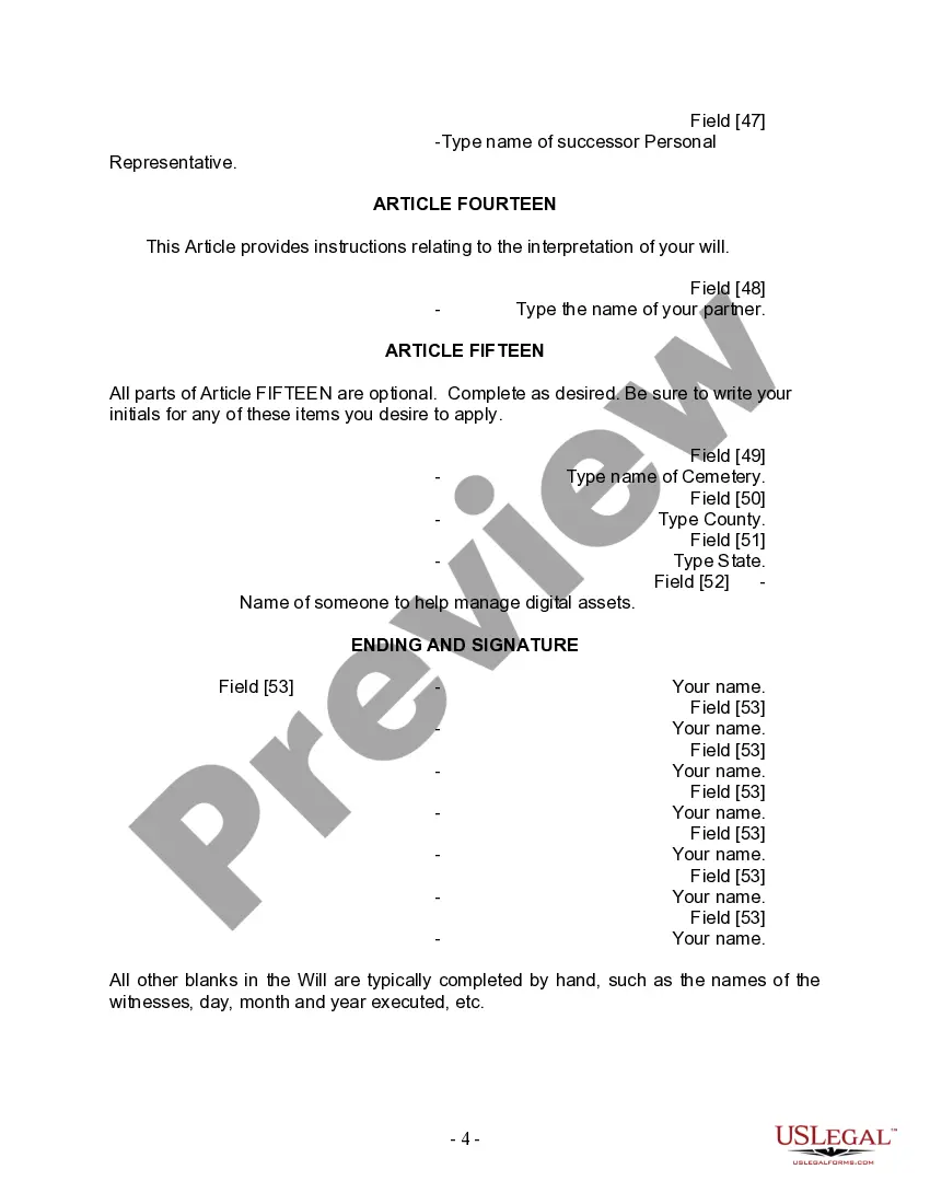 Preview Last Will and Testament for Civil Union Partner with Adult and Minor Children from Prior Marriage