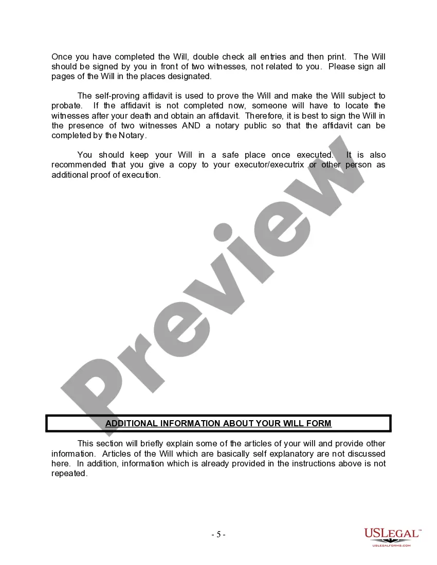 Preview Last Will and Testament for Civil Union Partner with Adult and Minor Children from Prior Marriage