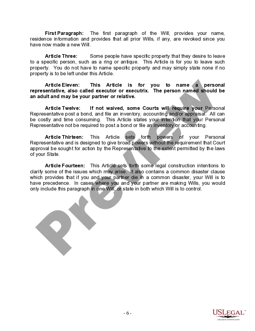 Preview Last Will and Testament for Civil Union Partner with Adult and Minor Children from Prior Marriage