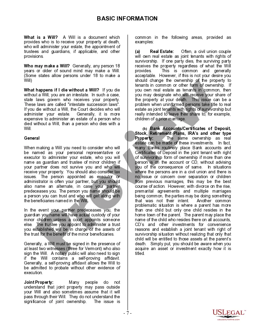 Preview Last Will and Testament for Civil Union Partner with Adult and Minor Children from Prior Marriage