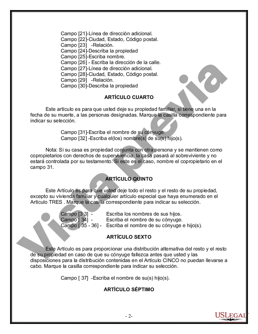 Preview Formulario Legal de Última Voluntad y Testamento para Persona Casada con Hijos Adultos y Menores de Matrimonio Anterior
