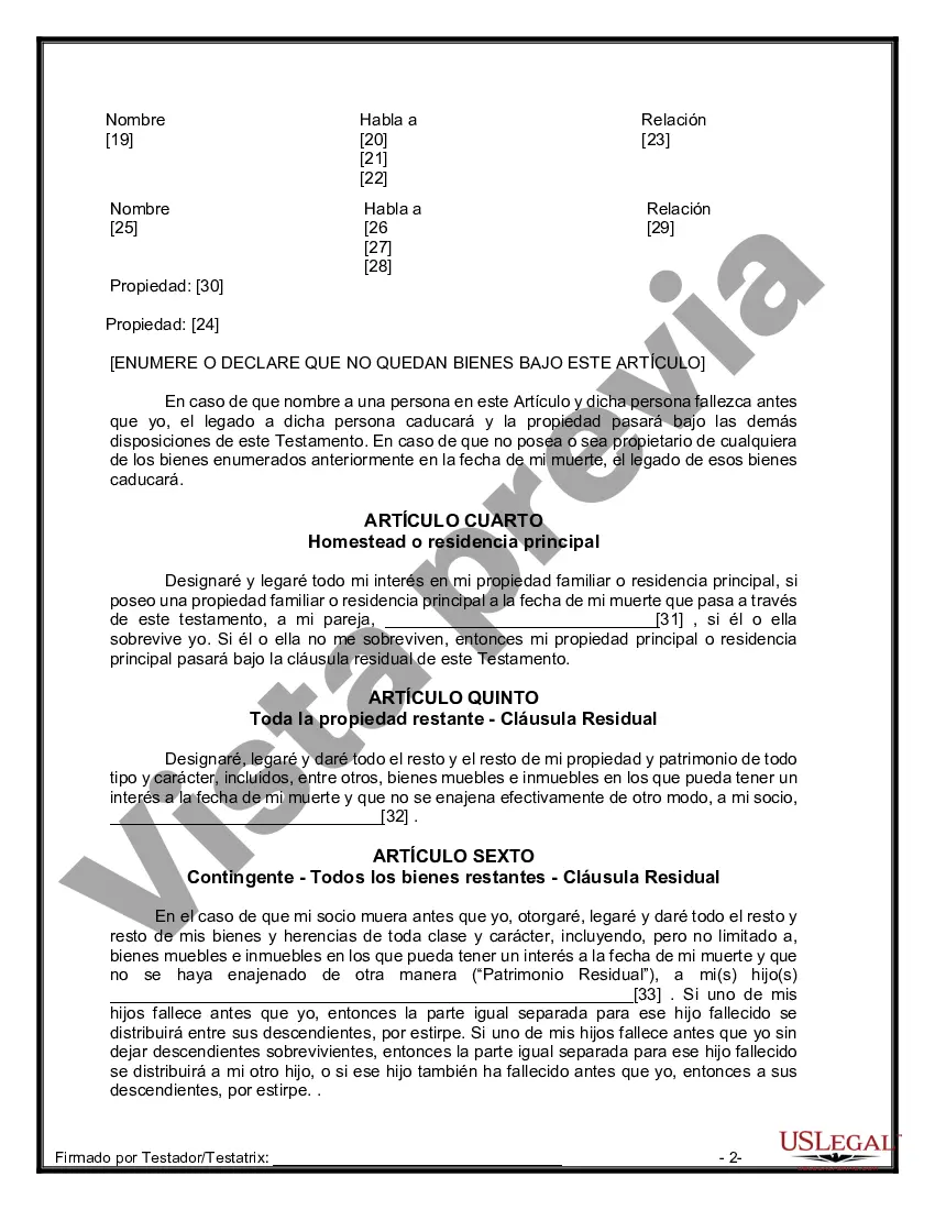 Preview Formulario de última voluntad y testamento legal para pareja de hecho con hijos adultos y menores