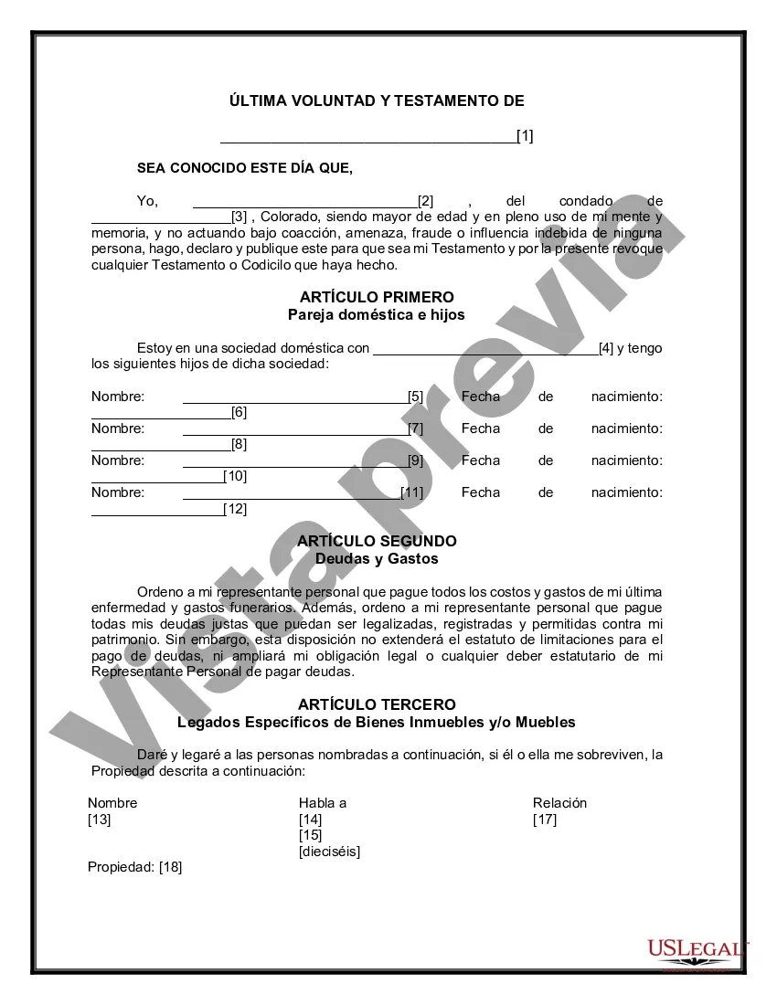 Preview Formulario de última voluntad y testamento legal para pareja de hecho con hijos adultos y menores