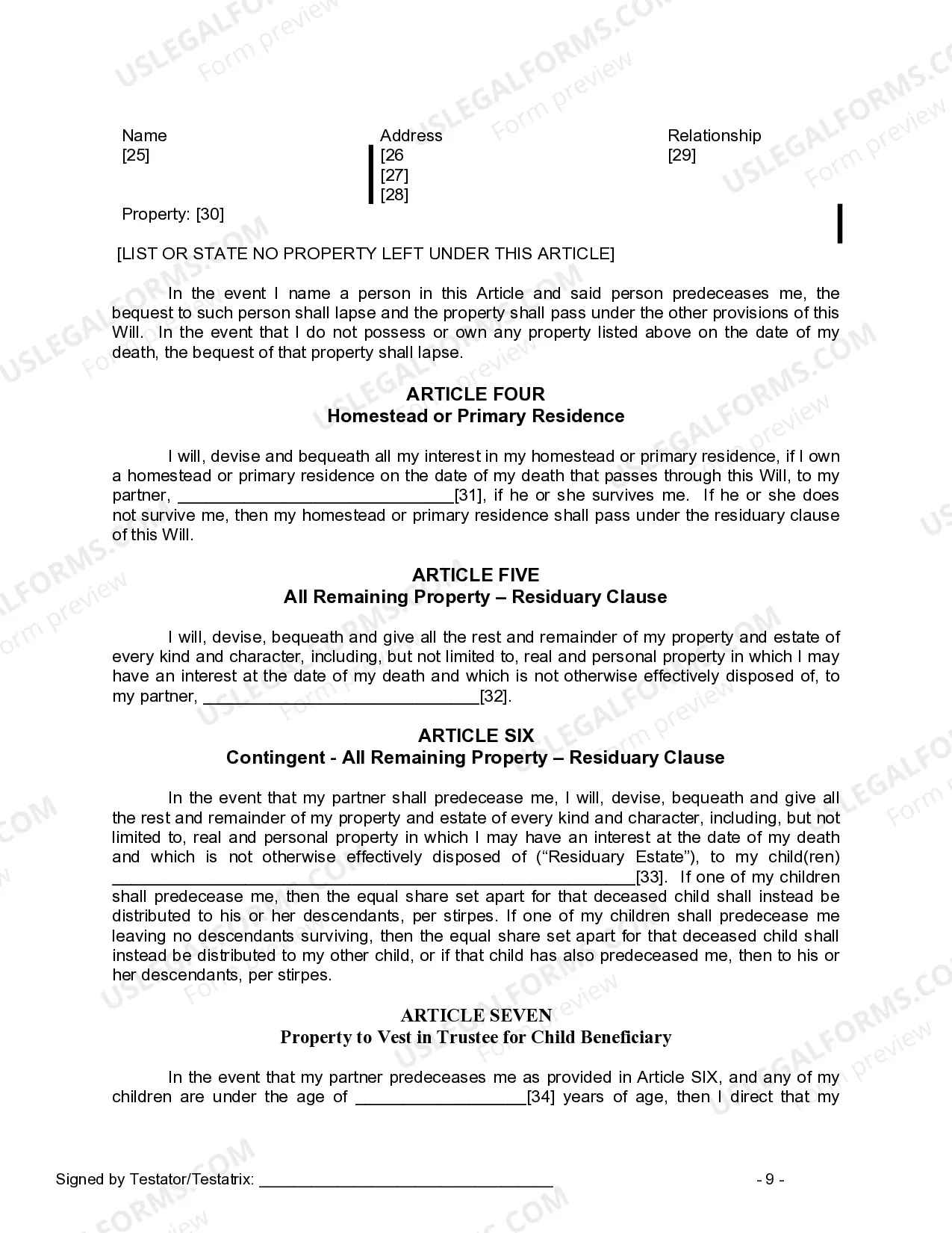 Preview Last Will and Testament for Civil Union Partner with Adult and Minor Children