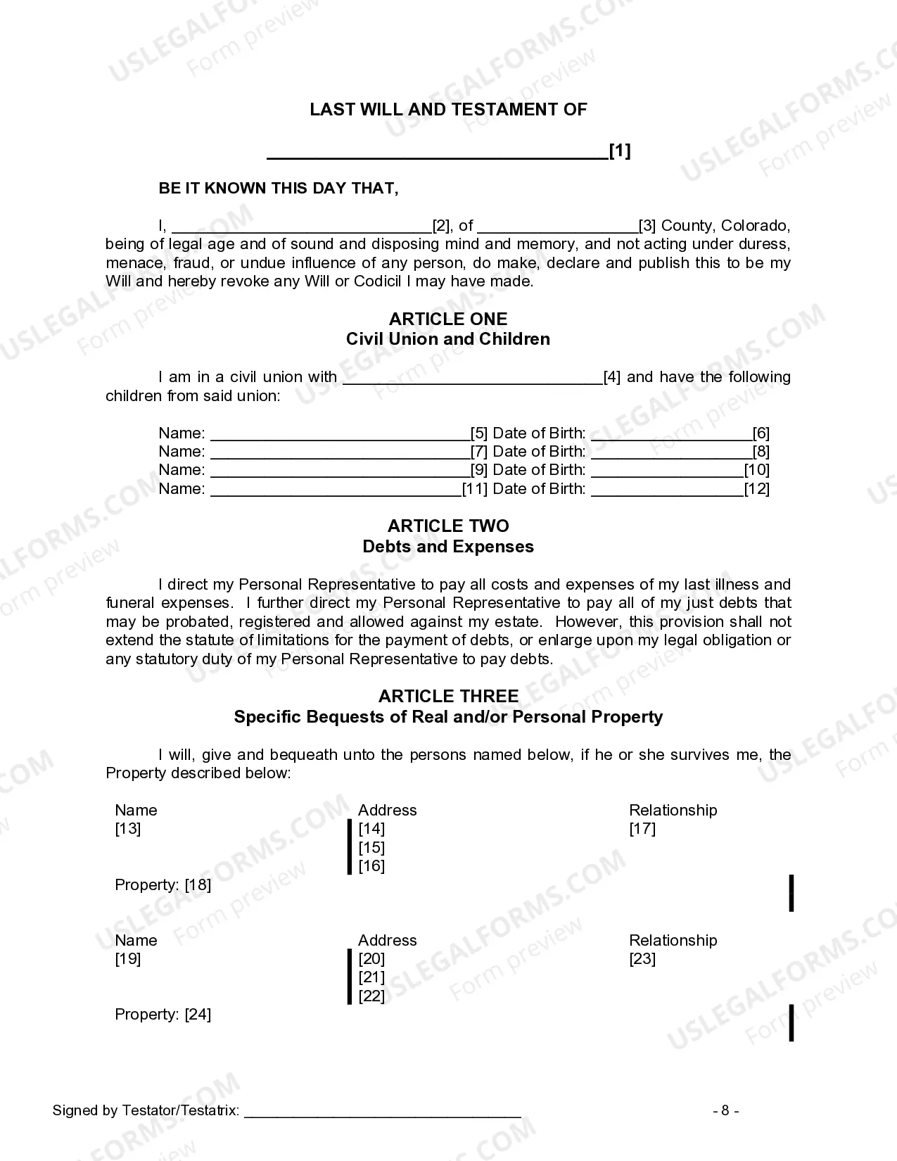 Preview Last Will and Testament for Civil Union Partner with Adult and Minor Children