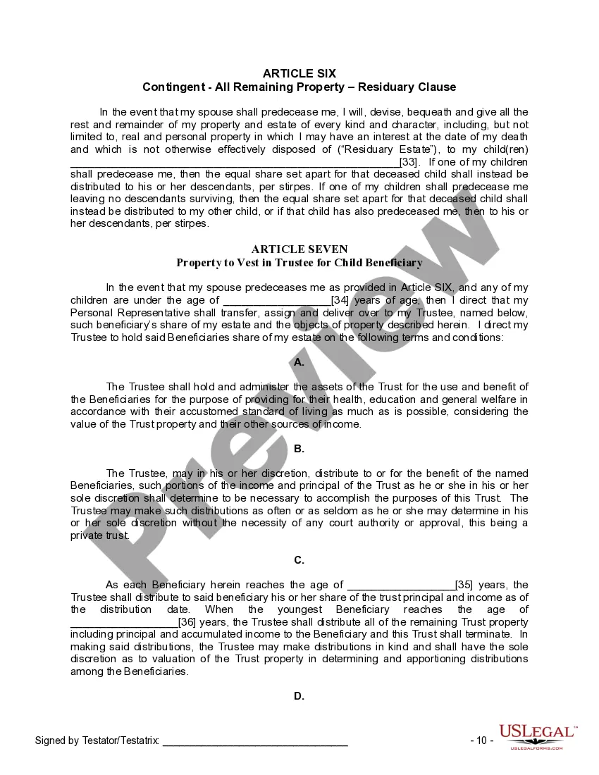 Preview Last Will and Testament for Married Person with Adult and Minor Children