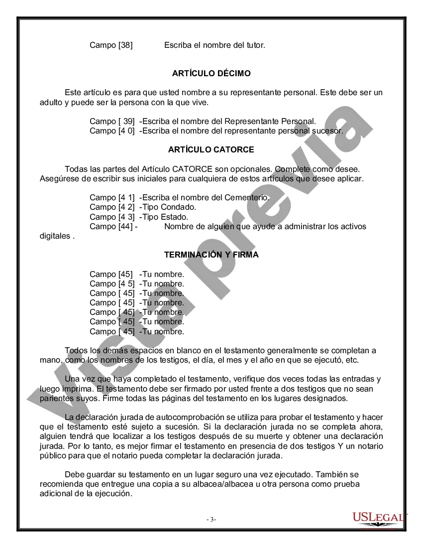 Preview Formulario Legal de Última Voluntad y Testamento para Viuda o Viudo con Hijos Menores