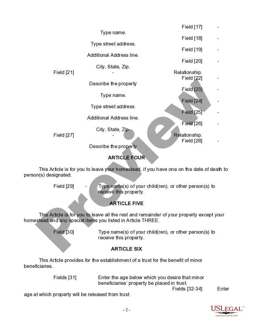 Preview Last Will and Testament for Widow or Widower with Minor Children