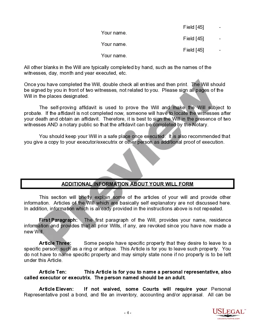 Preview Last Will and Testament for Widow or Widower with Minor Children