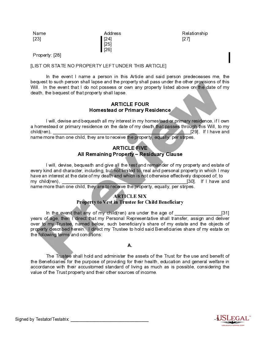 Preview Last Will and Testament for Widow or Widower with Minor Children