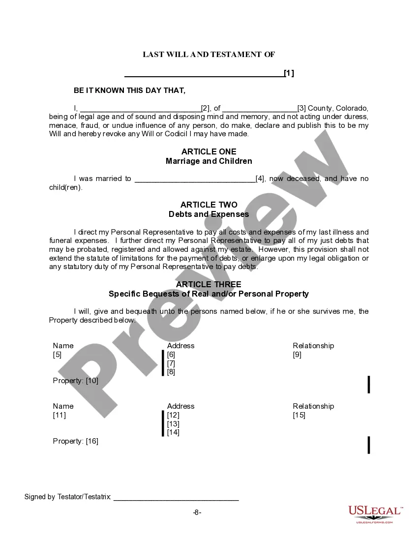 Preview Last Will for a Widow or Widower with no Children