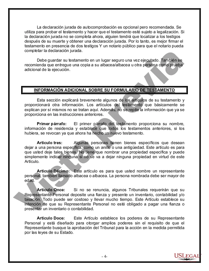 Preview Formulario Legal de Última Voluntad y Testamento para una Viuda o Viudo con Hijos Adultos y Menores