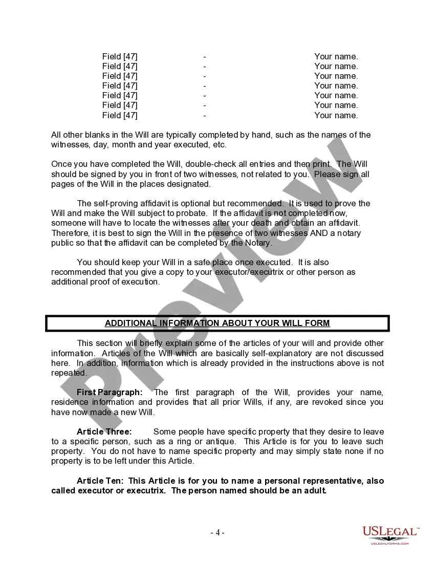 Preview Last Will and Testament for a Widow or Widower with Adult and Minor Children