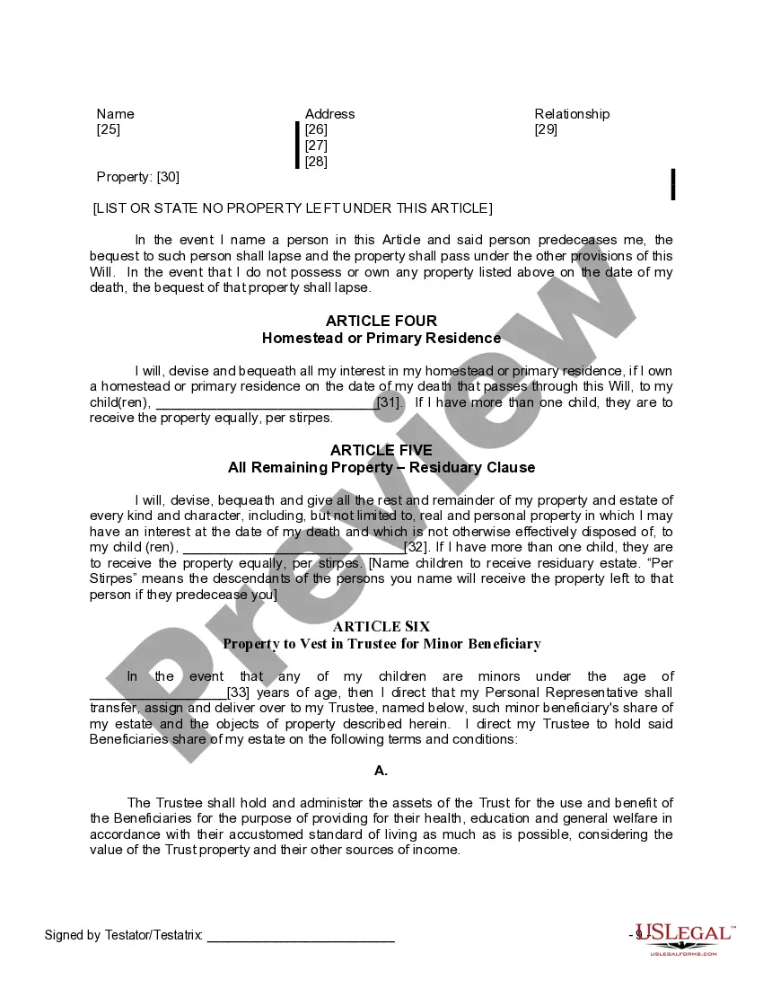 Preview Last Will and Testament for a Widow or Widower with Adult and Minor Children