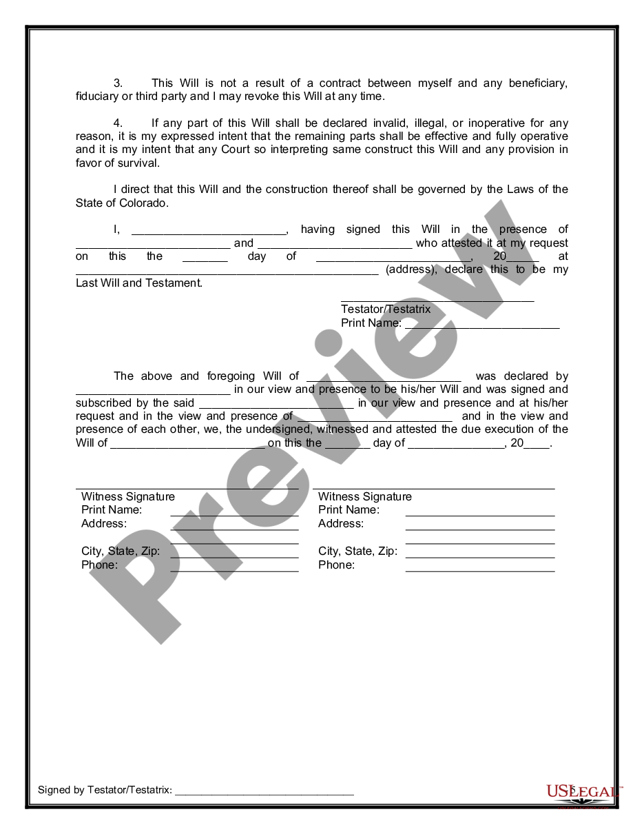 Colorado Legal Last Will And Testament Form With All Property To Trust