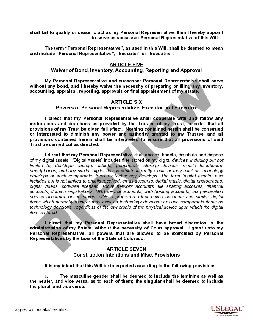 Get Last Will and Testament with All Property to Trust called a Pour Over Will Preview Last Will and Testament with All Property to Trust called a Pour Over Will