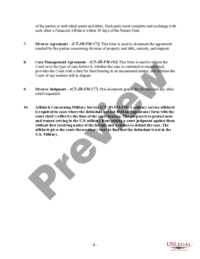 Get Connecticut No-Fault Uncontested Agreed Divorce Package for Dissolution of Marriage with Adult Children and with or without Property and Debts Preview Connecticut No-Fault Uncontested Agreed Divorce Package for Dissolution of Marriage with Adult Children and with or without Property and Debts