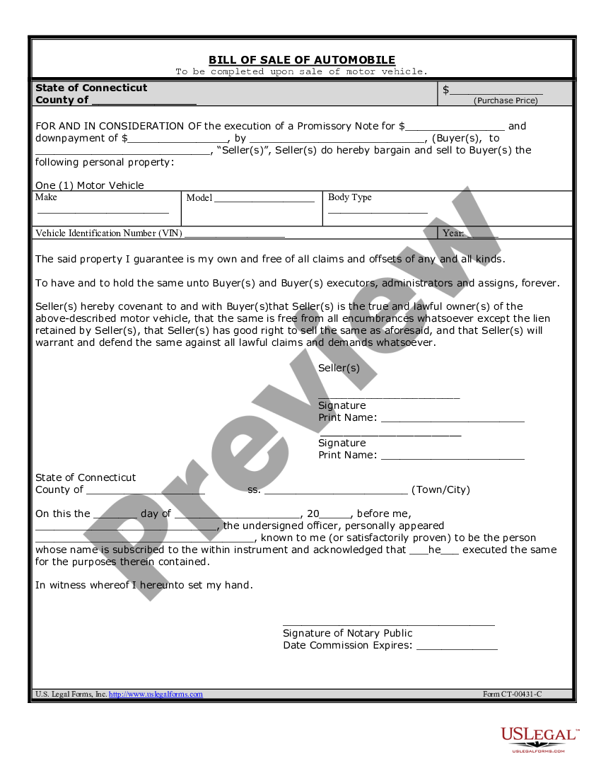 Connecticut Bill Of Sale For Automobile Or Vehicle Including Odometer Statement And Promissory 1742