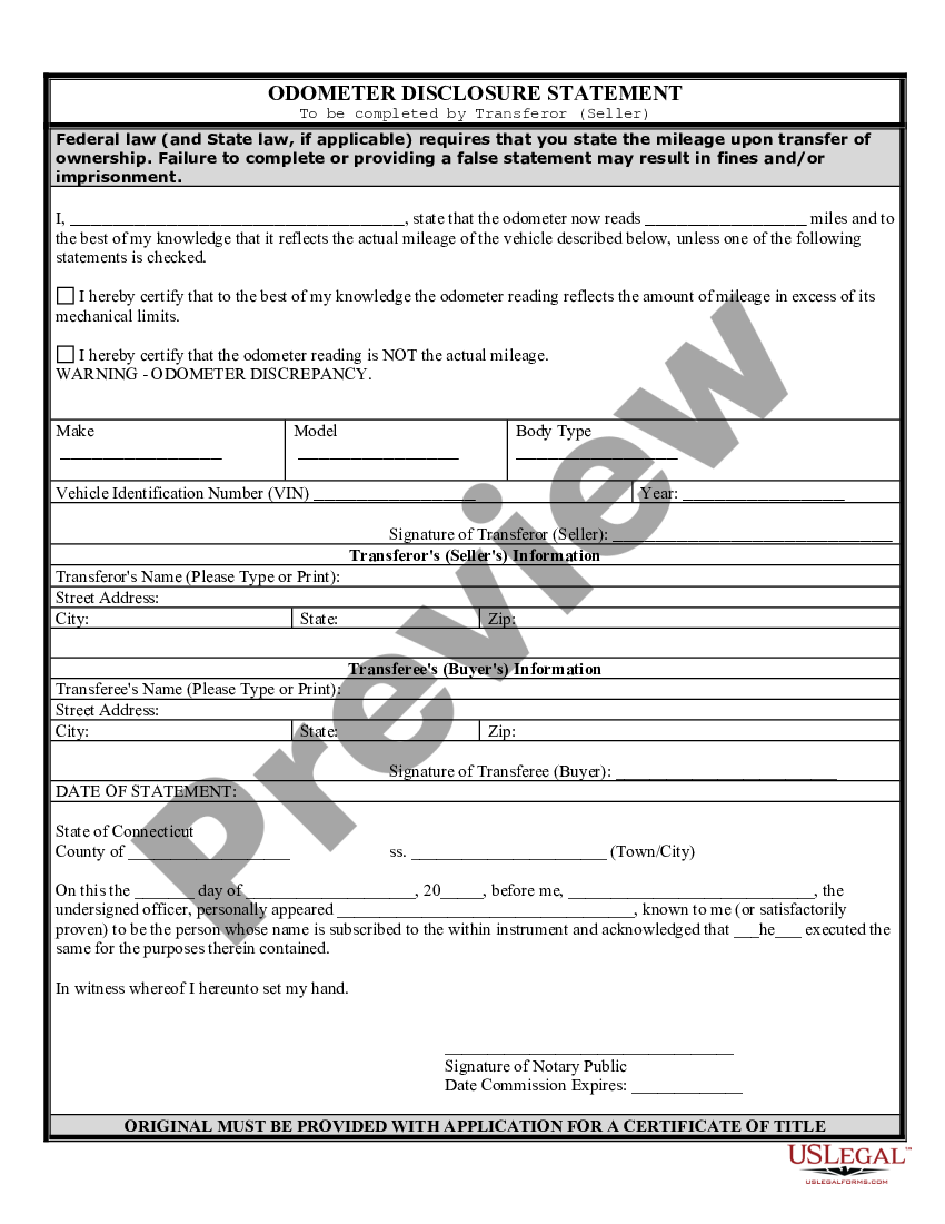 Connecticut Bill of Sale of Automobile and Odometer Statement for As