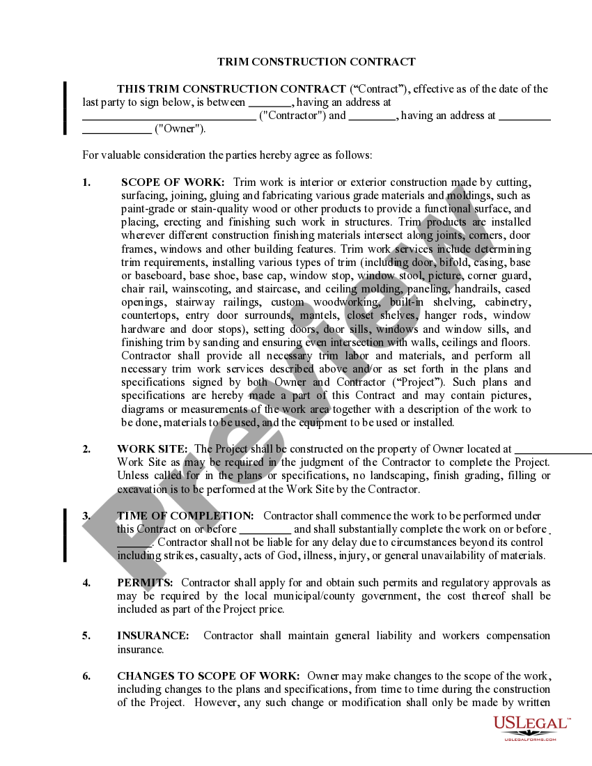 Connecticut Trim Carpenter Contract for Contractor US Legal Forms