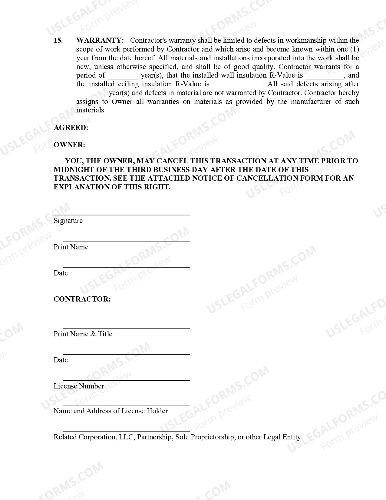 Preview Insulation Contract for Contractor
