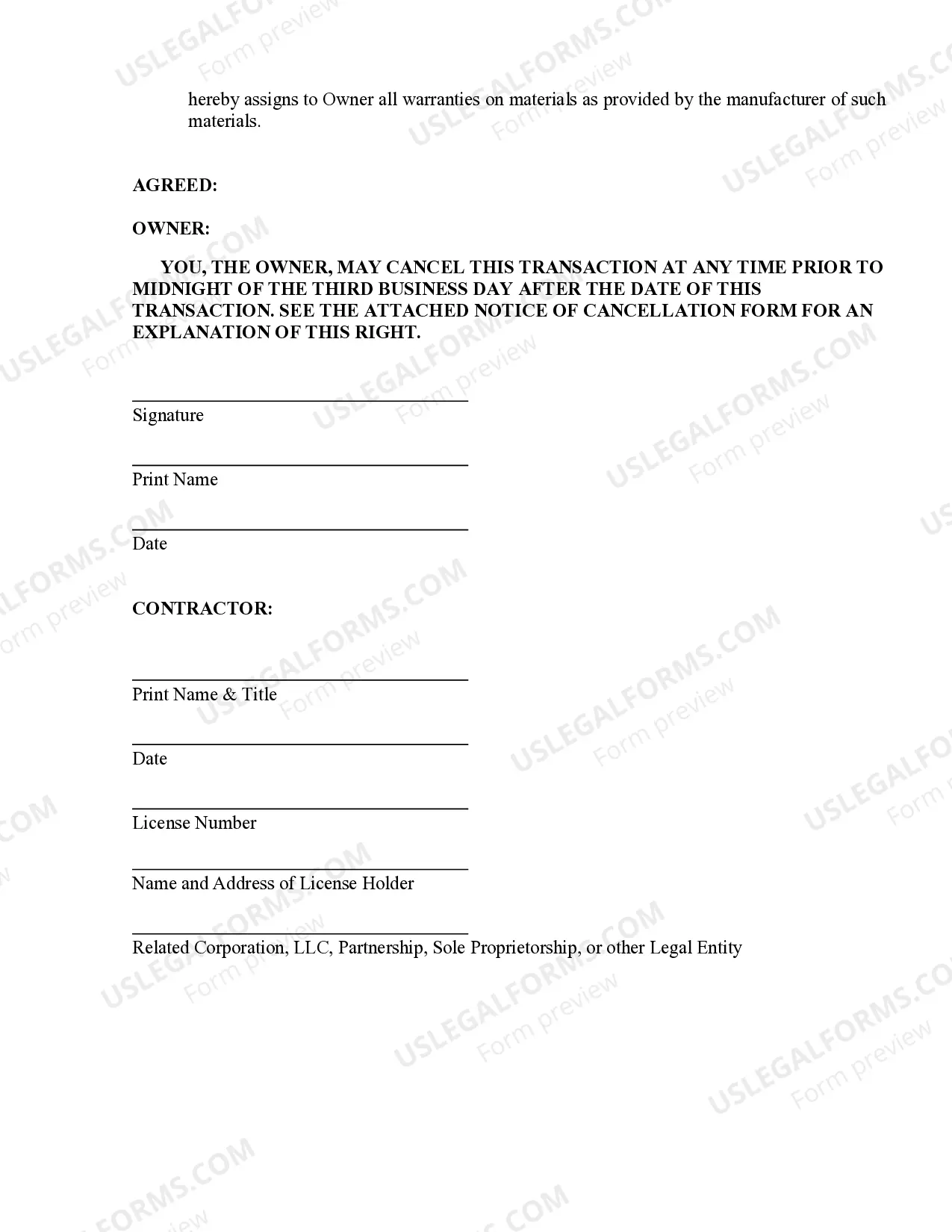 Preview Roofing Contract for Contractor