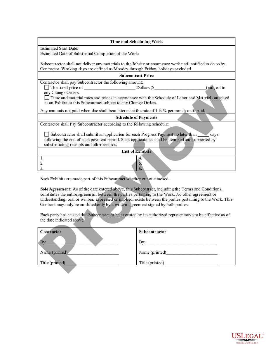 page 1 Subcontractor's Agreement preview