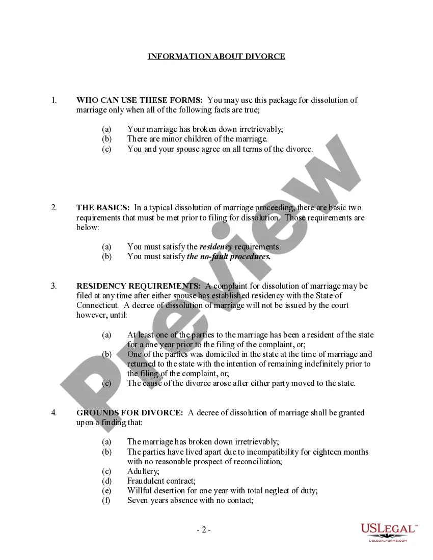Preview Connecticut No-Fault Agreed Uncontested Divorce Package for Dissolution of Marriage for people with Minor Children