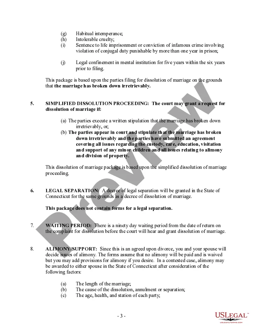 Preview Connecticut No-Fault Agreed Uncontested Divorce Package for Dissolution of Marriage for people with Minor Children