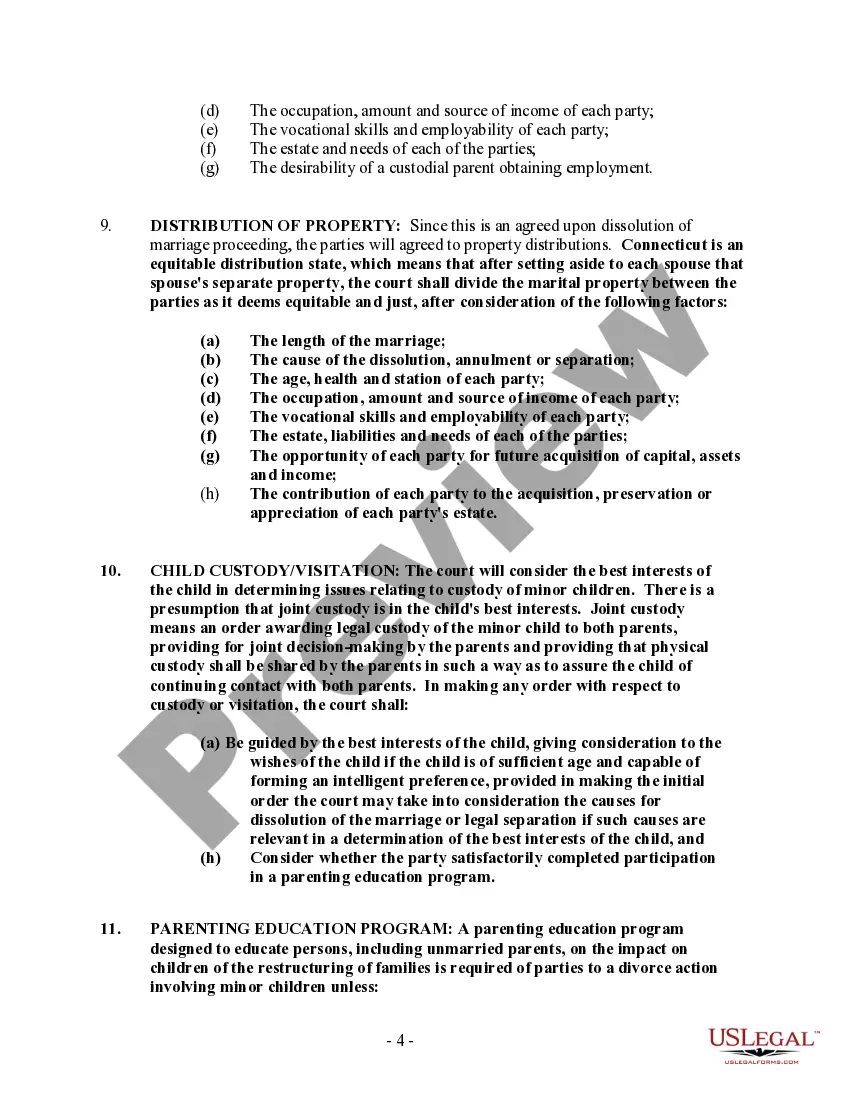 Preview Connecticut No-Fault Agreed Uncontested Divorce Package for Dissolution of Marriage for people with Minor Children